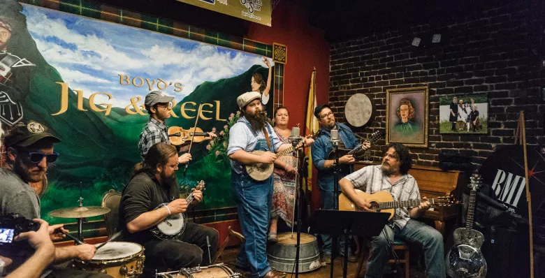 A band plays at Jig &amp; Reel during Big Ears Festival in Knoxville.