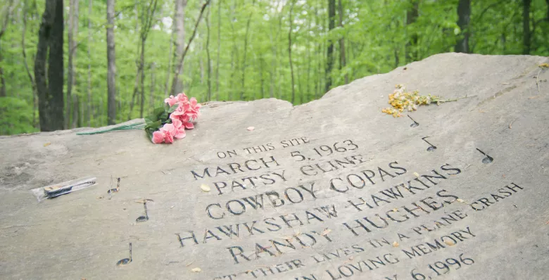 The memorial rock at Patsy Cline's plane crash site in Camden.