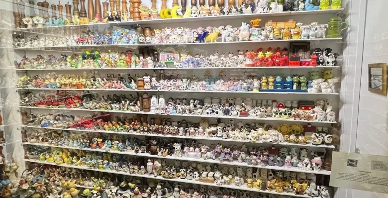A display of hundreds of cow-themed salt and pepper shakers at the Salt &amp; Pepper Shaker Museum.