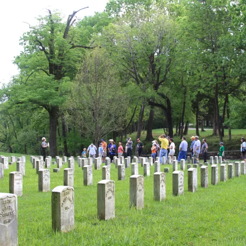 Guided tour of adults and children on the battlegrounds of Shiloh National Military Park in Shiloh, Tennessee