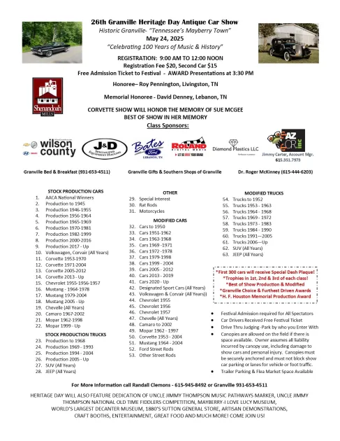 Historic Granville, TN  Heritage Day Car Show 2025 Flyer